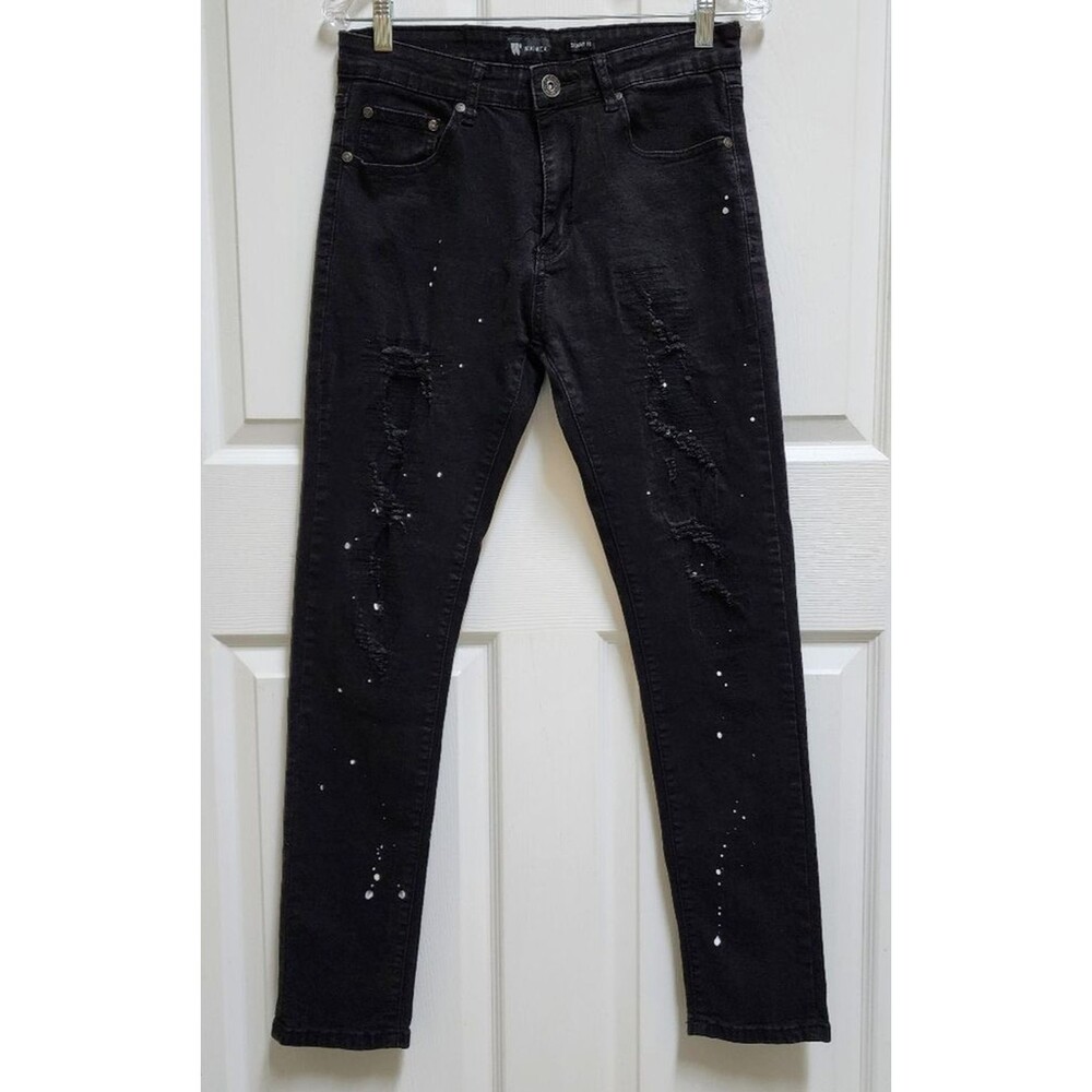 Waimea Mens 32x32 Black Stretch Denim Skinny Fit Jeans Paint Splatter Distressed